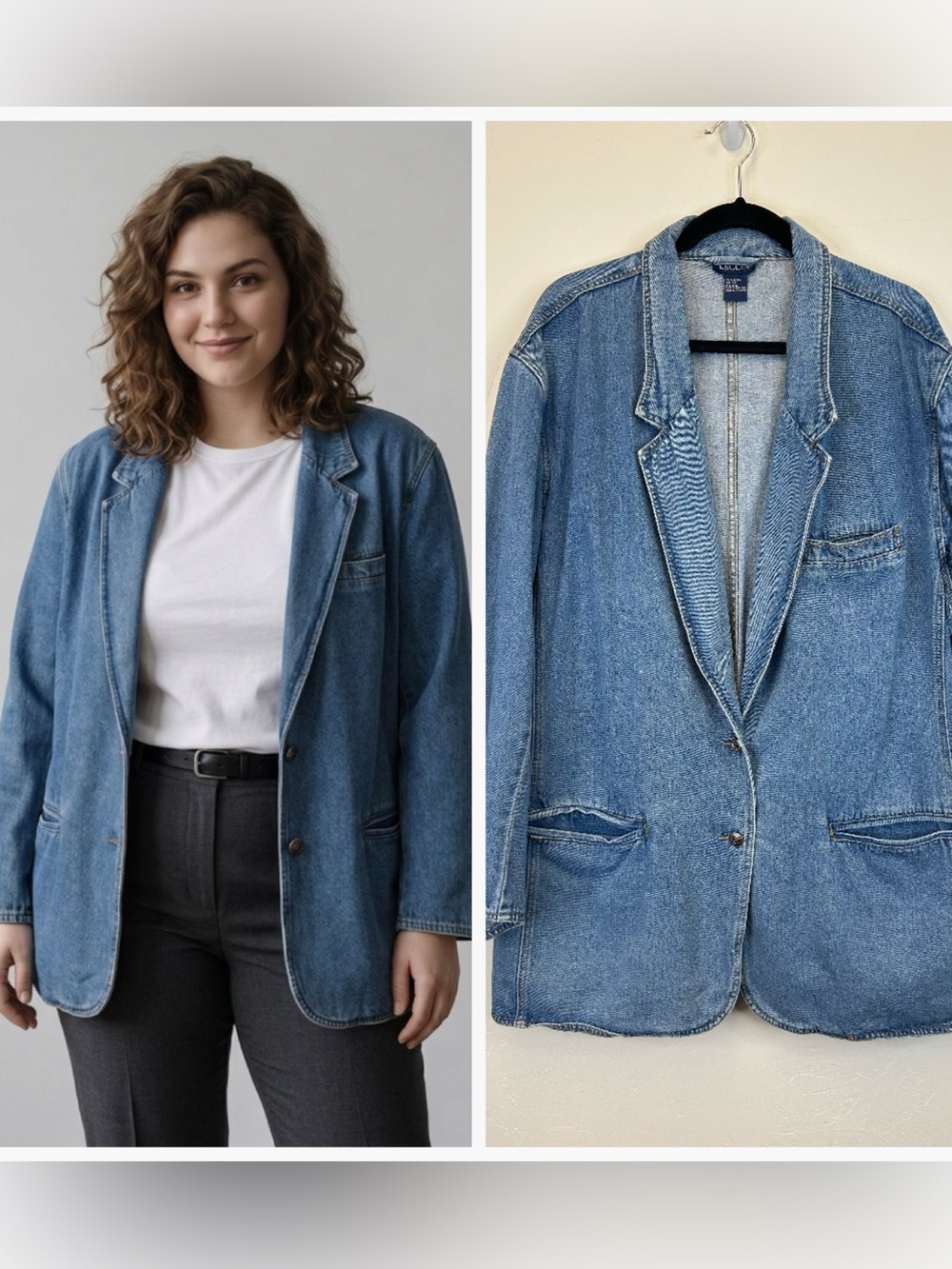 Vintage Denim Blazer Jacket Plus Size 22 3X Boho Western Chore Barn Coat Pockets